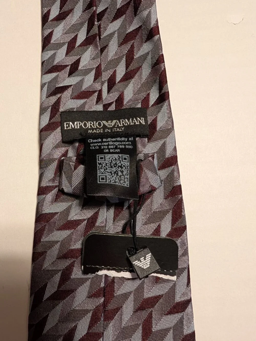 Emporio Armani Burgandy and Grey Geometric Pattern Tie Made in Italy NWT